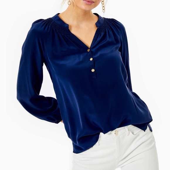 Lilly Pulitzer Tops - Lilly Pulitzer Blouse Sz Small Elsa Silk True Navy Button Costal Casual Top